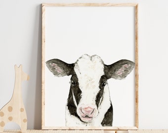 Impresión de acuarela de vaca bebé, arte de pared para guardería de granja
