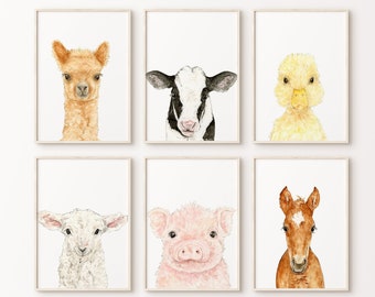 Juego de 6 láminas de acuarela para guardería de animales de granja