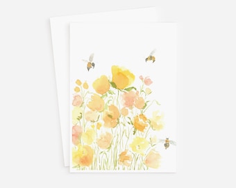 Tarjeta de acuarela con diseño de abeja floral, interior en blanco