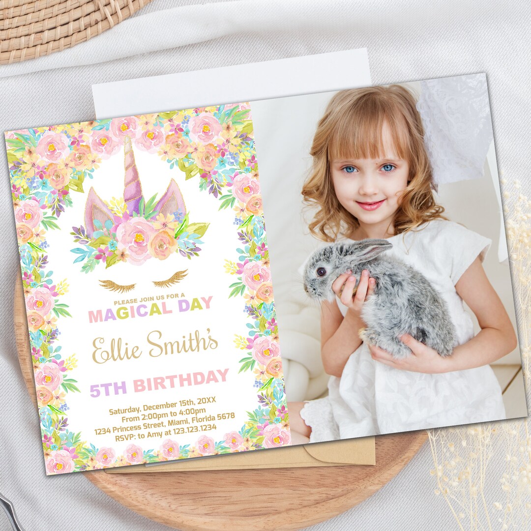 Pink Floral Unicorn Invitation With Photo Unicorn Birthday Etsy