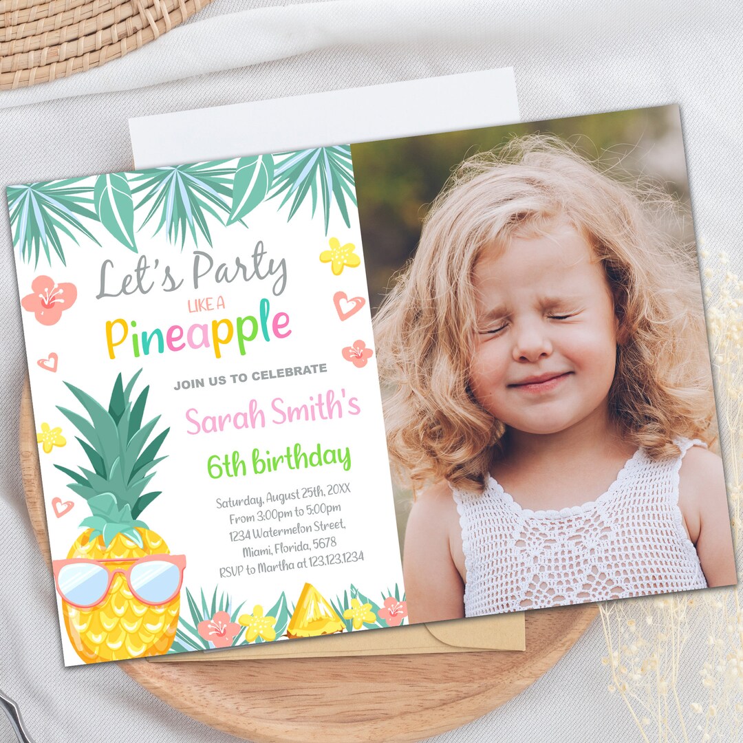 Pineapple Birthday Invitation With Photo Tropical Birthday Etsy