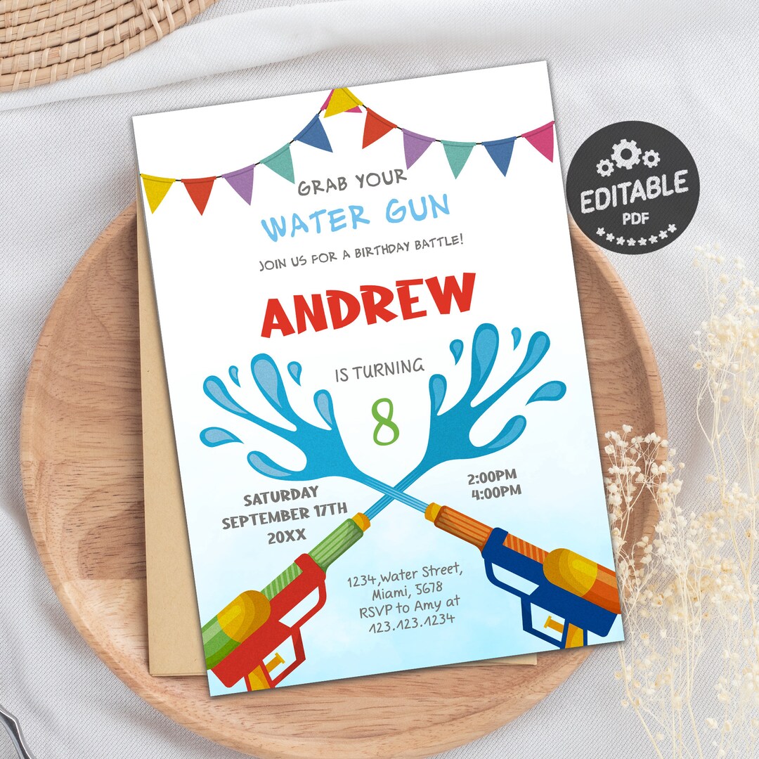 Water Gun Party Invitation, Water Gun Invitation, Birthday Invitation