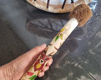 Drumbeater Silver Birch branch, for Shamanic skin or synthetic drums. Drum Mallet, Stag spirit animal. Hand painted