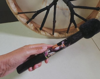 Drumbeater, Pine tree branch, Faux Fur Head, Stag Deer spirit animal, drum mallet for Shamanic Healing