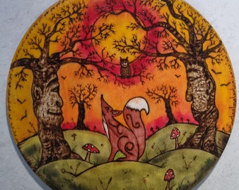 Beautiful Fox, trees sunset Fairytale mushroom, Childrens, baby room, hand painted, wall hanging picture. Original artwork on wood 30cm