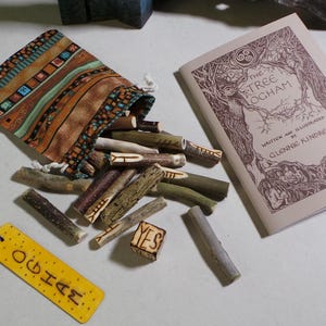 May include: Ogham divination set featuring wooden sticks, a drawstring bag, a bookmark with the word "OGHAM", and a book titled "The Tree Ogham". The sticks are various sizes and colours.
