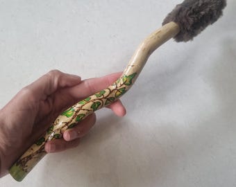 Drum Beater handmade Ogham sacred Ivy, Shamanic drum, comfort hold Handle, Faux Fur Head