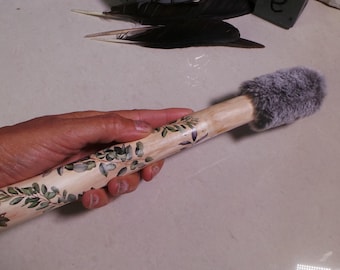 Handmade Shaman Drum Beater: Faux Fur Head, Pine Branch Handle