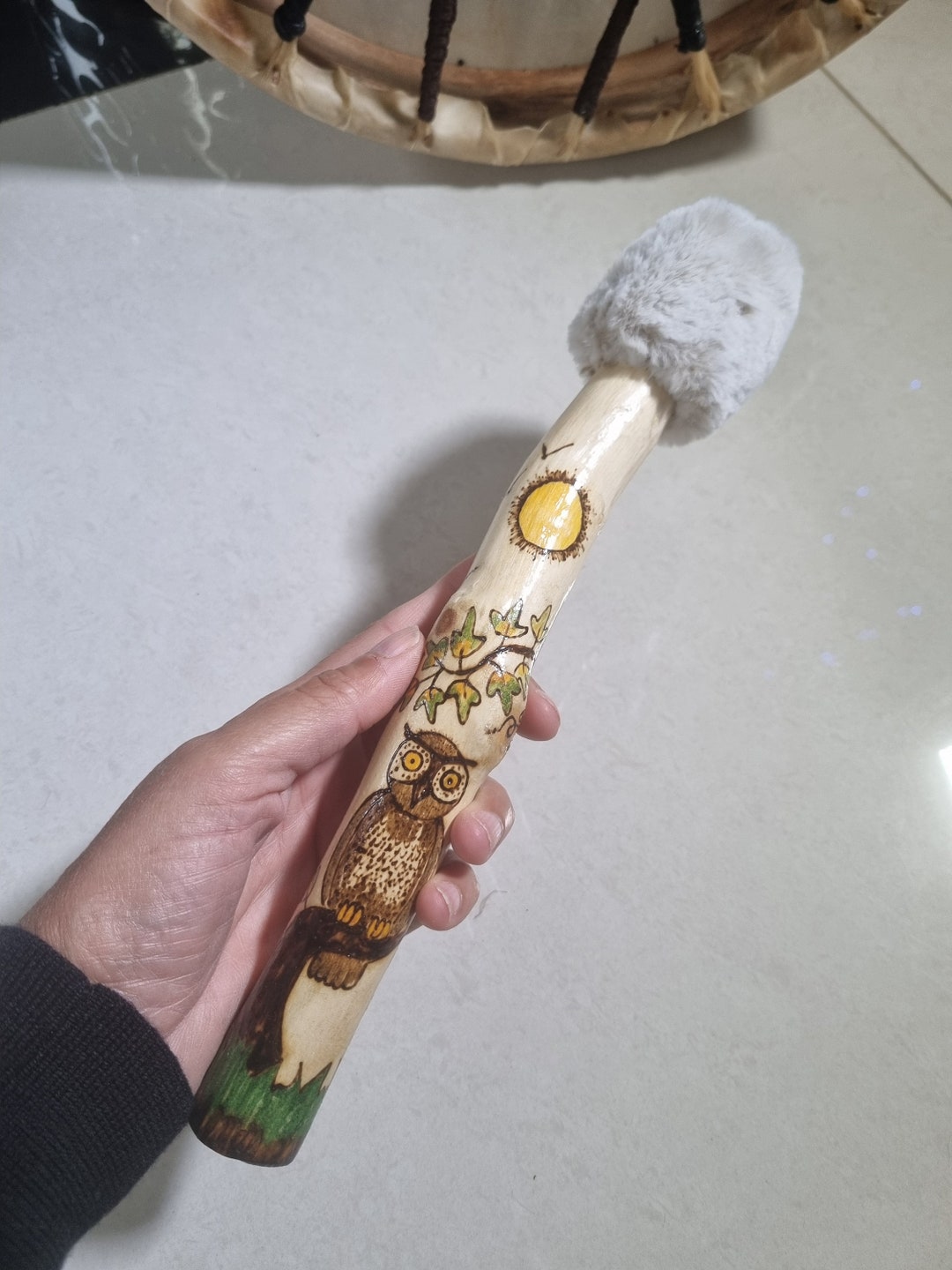 Shamanic Rabbit Owl Drumstick Hand Crafted Thick Stick Drumbeater Shamanic Healing Drum ...