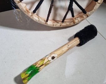 Handmade Shaman Drum Beater: Willow Branch, Faux Fur Head, White Flower