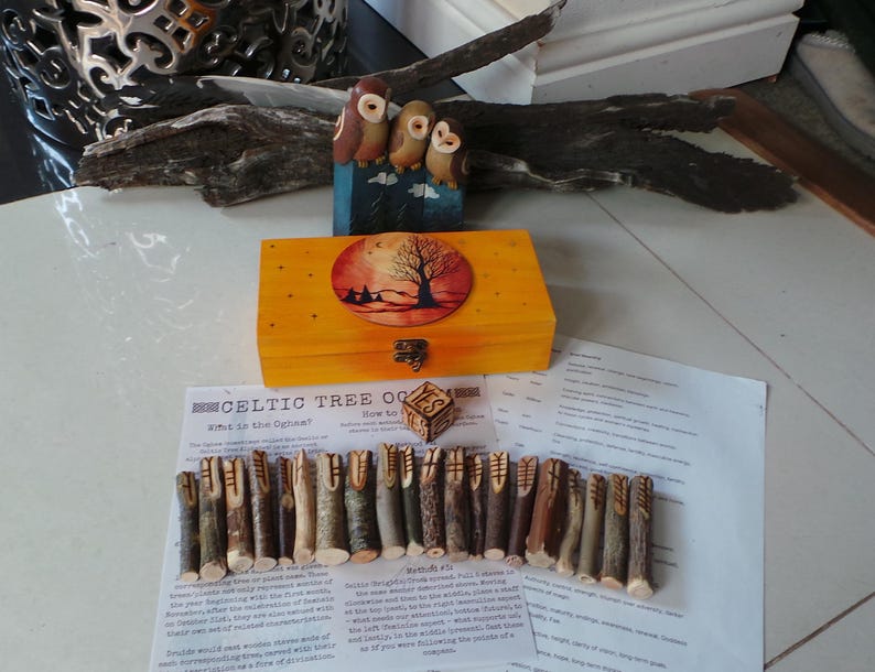 Handmade Celtic Ogham Staves Set Tree Oracle Divination With Box & Dice ...