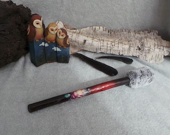 Handmade Shamanic Drum Beater: Faux Fur Head, Pine Handle, Lotus flower Art