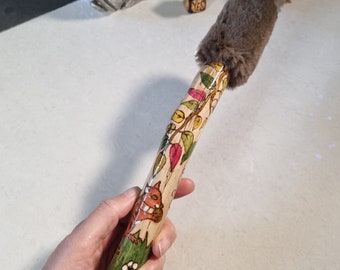 Red Squirrel & white flowers  Drumstick Hand crafted drumbeater Shamanic healing drum faux rabbit fur head