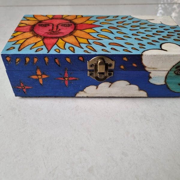 Wooden box hand painted in my unique art style lined box tarot cards, trinket, keepsake memories, alter boxes pyrography, sun moon stars