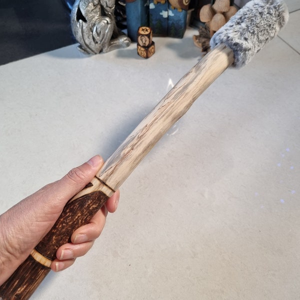 Very long stick for a very large community drum, Drumstick Hand crafted drumbeater Shamanic healing  journey drum faux rabbit fur head