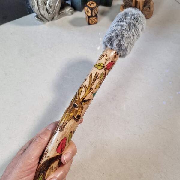 Stag deer spiral triskele Drumstick Hand crafted drumbeater Shamanic healing drum faux rabbit fur head