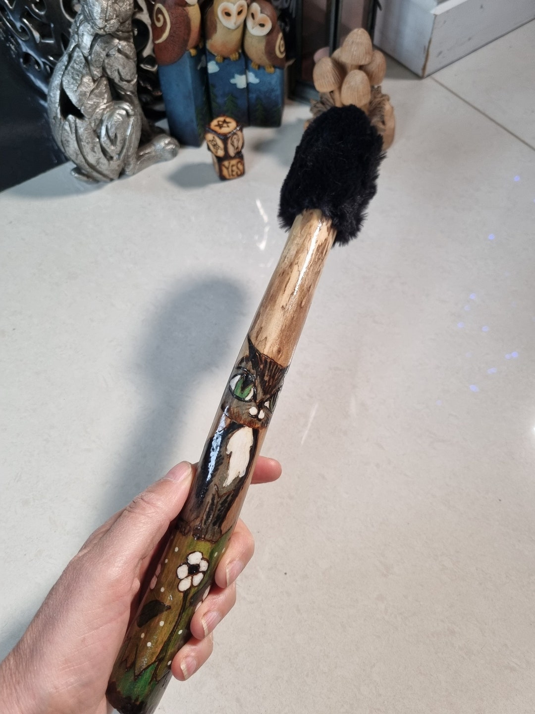 Shamanic Rabbit Drumbeater Black Cat & Goddess Drumstick Handmade Shamanic Healing Drum ...