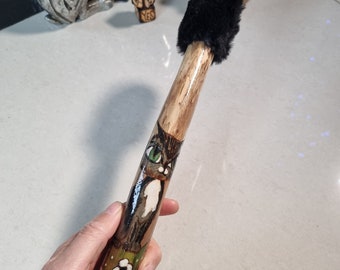 Black cat & Goddess Drumstick Hand crafted drumbeater Shamanic healing drum faux rabbit fur head