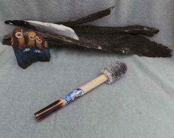 Drum Beater, for shamanic drums, Fur Head, Wolf Spirit Animal Art, Pine Stick, Healing Drumming, Drum mallet