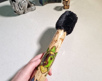 Yin Yang sea Turtle Shaman Drumstick Hand crafted drumbeater Shamanic healing drum faux rabbit fur head