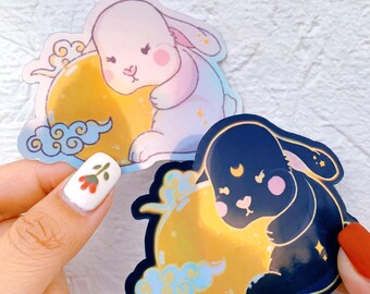 Cute Moon Bunny Holographic Sticker / Yin Yang Luna Rabbit Phone Case Laptop Iphone Hydroflask Decal Stocking Stuffer Decor