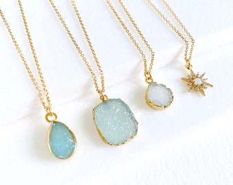 Rose Quartz Love Stone on Aura Quartz Druzy Crystal Slice w Golden Accents Charm Necklace