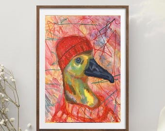 BARNABY Quirky Bird Art Print - Premium Matte Finish, Whimsical Animal Portrait Poster, Colorful Mixed Media Bird Wall Art