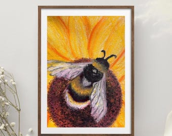 GATHER Macro Bee Fine Art Print - Museum Quality Archival Matte, Gallery Exhibited Oil Pastel Bumblebee Poster, Textured Nature Wall Art