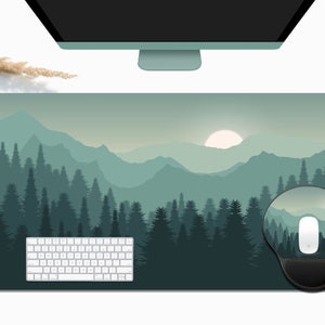 Sunset Mountains Landscape Green Desk Mat, Extra Large Desk Mat, Large Gaming Mouse Pad, Extended Mouse Pad, Gaming Keyboard Mat