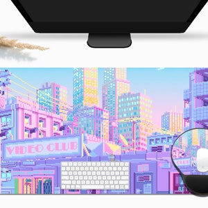 Vaporwave Tokyo City Aesthetic Lo Fi Anime Desk Mat, Kawaii Extra Large Desk Mat, XL Gaming Mouse Pad, Kawaii Lo Fi Anime Aesthetics Scenery