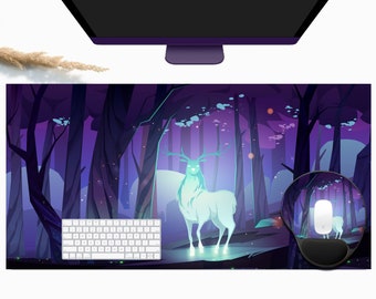 Mysterious Forest Anime Desk Mat, Purple Gaming Large Anime Mouse Pad, Cute Desk Pad, Desk Mat Anime Large, Gaming Computer Keyboard Mat
