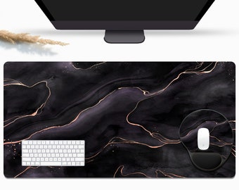 Black and Rose Gold Liquid Marble Desk Mat, Marble Mouse Pad, Aesthetic Desk Pad, Desk Mat Cute, Mouse Pad with Wrist Rest, Large Mouse Pad