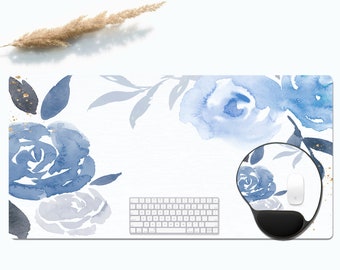 Blue Watercolor Floral Cute Desk Mat, Boho Floral Desk Mat, Cute Desk Mat, Computer Desk Mat, Desk Mat Cute, Mouse Pad with Wrist Rest