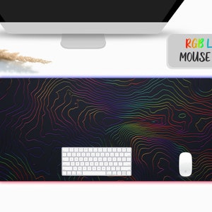 Aesthetic Black Colorful Pattern Topographic RGB Mouse Pad for Gaming, Large Gaming Mouse Pad with RGB Led, Extended Mouse Pad, Computer Mat