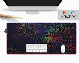 Aesthetic Black Colorful Pattern Topographic RGB Mouse Pad for Gaming, Large Gaming Mouse Pad with RGB Led, Extended Mouse Pad, Computer Mat