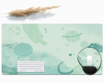 Watercolor Galaxy Green Desk Mat, Large Gaming Desk Mat, Cute Green Large Mouse Pad, Cute Desk Mat, XL Mouse Pad for Gaming, Cute Desk Mat