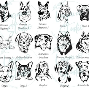K&ouml;nnte beinhalten: Schwarz-wei&szlig;-Illustrationen verschiedener Hunderassen, darunter Deutscher Sch&auml;ferhund, Boxer, Franz&ouml;sische Bulldogge, Golden Retriever, Australian Shepherd, Siberian Husky, Corgi, Beagle und Airedale Terrier.