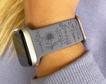 Wildflowers Watch Band compatible with Apple Watch iWatch Band Silicone Watch 38/40/41/42 44/45/46/49 Strap Laser Engraved Mother’s Day Gift