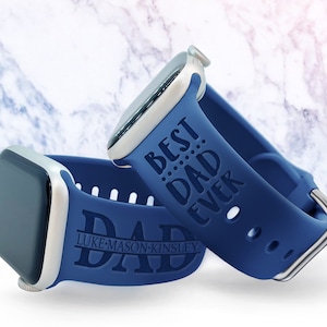 May include: Two blue silicone watch bands with engraved text. One band says "Best Dad Ever" and the other says "Dad" with the names Luke, Mason, and Kinsley underneath.