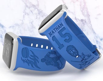 Personalized Hockey Watch Band compatible with Apple Watch iWatch Band Silicone 38/40/41/42 44/45/49 Strap Laser Engraved Sports Boys Gift