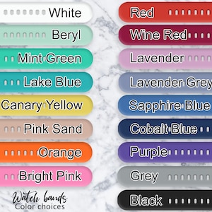 K&ouml;nnte beinhalten: Eine Tabelle mit Farboptionen f&uuml;r Uhrenarmb&auml;nder. Die Farben umfassen Wei&szlig;, Beryll, Mintgr&uuml;n, Seeblau, Kanariengelb, Rosa Sand, Orange, Pink, Rot, Weinrot, Lavendel, Lavendelgrau, Saphirblau, Kobaltblau, Lila, Grau und Schwarz.