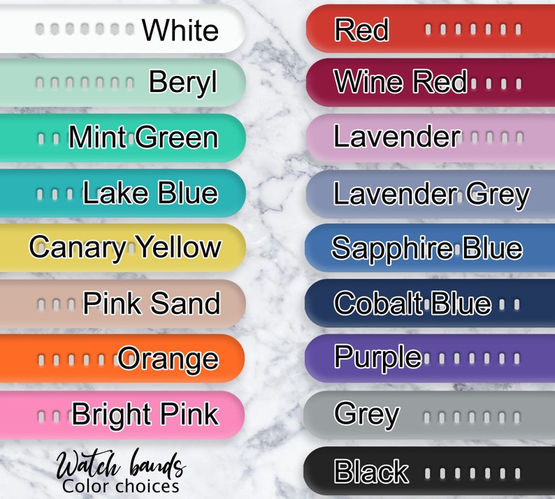 K&ouml;nnte beinhalten: Eine Tabelle mit Farboptionen f&uuml;r Uhrenarmb&auml;nder. Die Farben umfassen Wei&szlig;, Beryll, Mintgr&uuml;n, Seeblau, Kanariengelb, Rosa Sand, Orange, Pink, Rot, Weinrot, Lavendel, Lavendelgrau, Saphirblau, Kobaltblau, Lila, Grau und Schwarz.