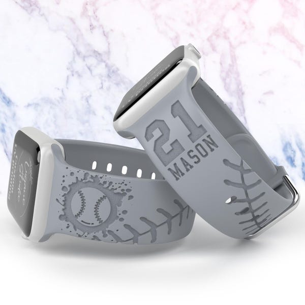 Cinturino personalizzato da baseball compatibile con Apple Watch iWatch, in silicone, taglie 38/40/41/42, 44/45/46, incisione laser, regalo sportivo per ragazzi.