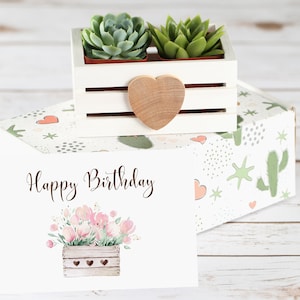 Two Live Succulents in Wooden Box with Card- Happy Birthday Gift Box With Live Plants- Succulent Gift Box- Birthday Gift Set- Birthday Gifts