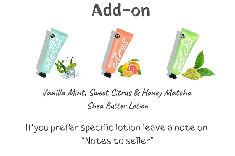May include: Three tubes of shea butter lotion with different scents: vanilla mint, sweet citrus, and honey matcha. The tubes are labeled with the scent and have a white background with black text. The image also includes a sprig of mint, a slice of grapefruit, and a pile of matcha powder.
