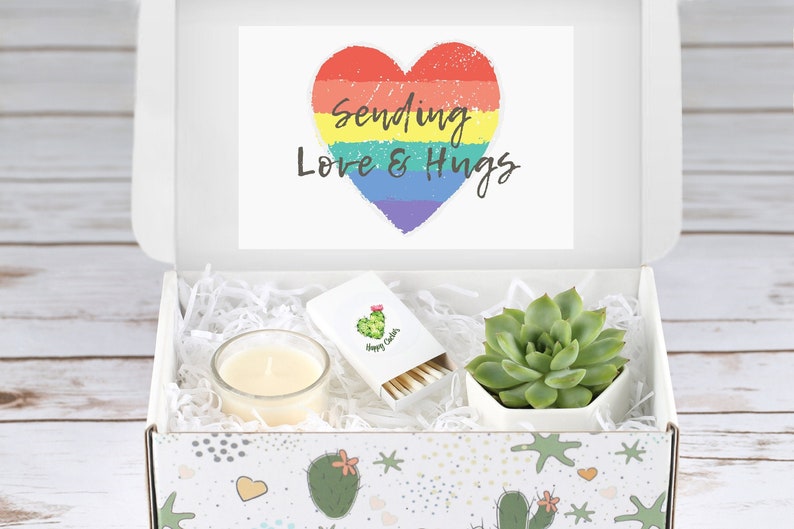 May include: A white gift box with a rainbow heart design and the text "Sending Love & Hugs". The box contains a small succulent plant, a candle, and a box of matches with a cactus design.