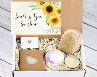 Sending You Sunshine- Care Package-Vanilla Spa Basket- Soy Candle- Thinking Of You-Sunshine Gift Box- Send A Gift-Cheer Up Gift-Organic Gift