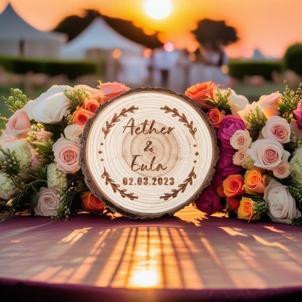 Personalized Wood Round Wedding Ring Box | Handcrafted Gumtree | Rustic Burlap Lining | Magnetic Closure