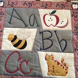 Cute ABC 123 Wallhanging- apple, bee,cat- hand quilted- built in hangers-measures 35x34.5 inches