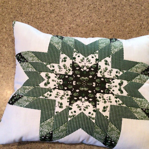 Patchwork look Green Star pillow-measurements 13x10.5 inches-hand quilted- cheater quilt pattern- great gifts